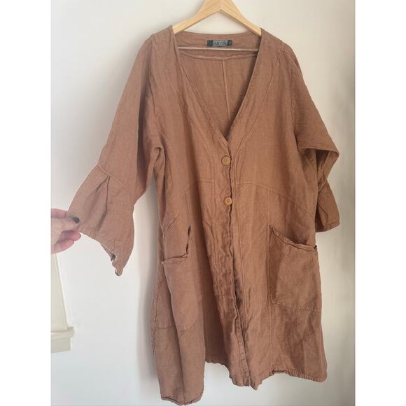 Blue Fish Vintage Linen Blend Tunic Cardigan Dress in Tan Size  II- - Picture 1 of 8